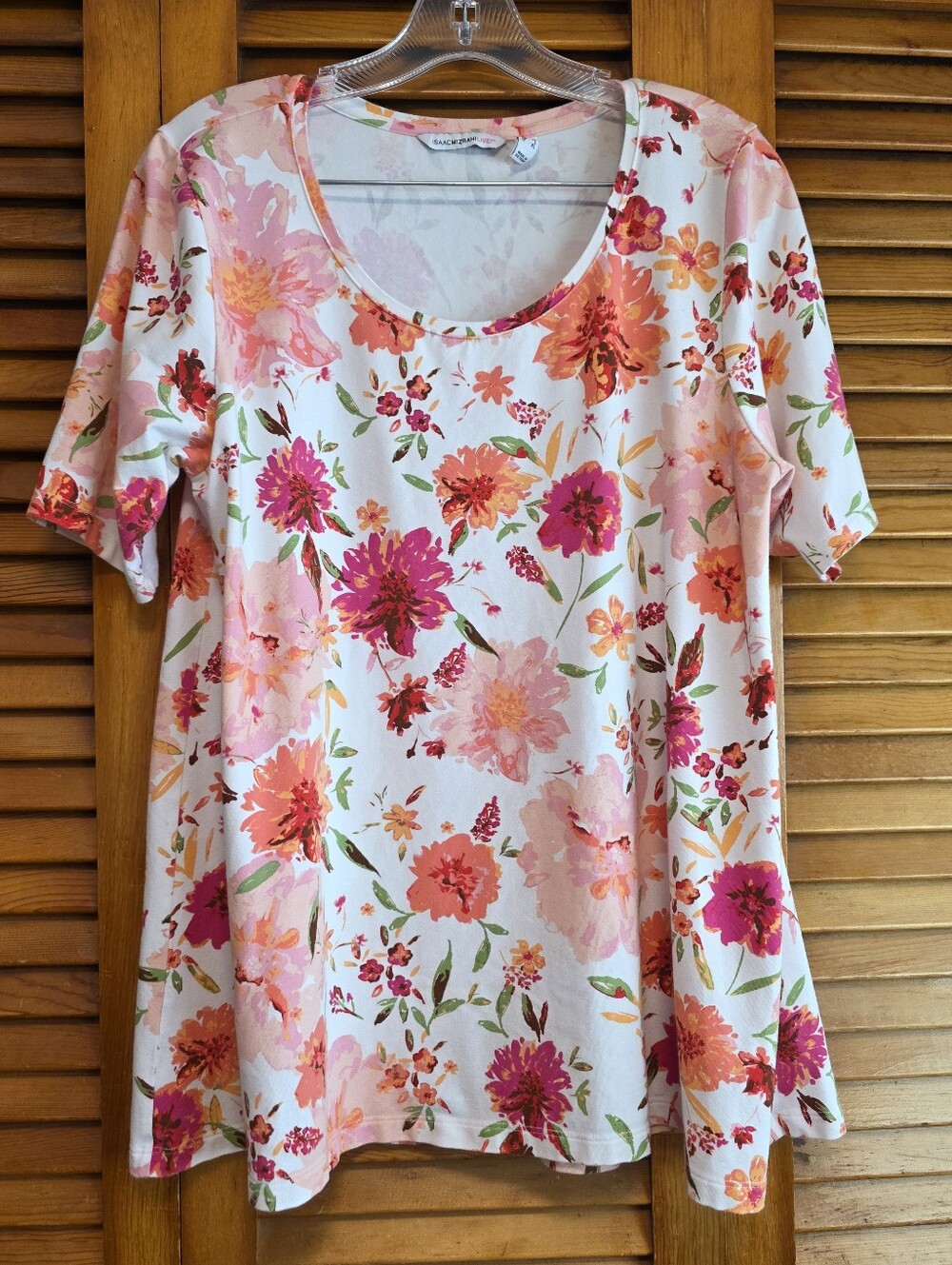 Isaac Mizrahi Live Floral Swing Tunic Top Size XL Scoop Neck Short Sleeve Pink